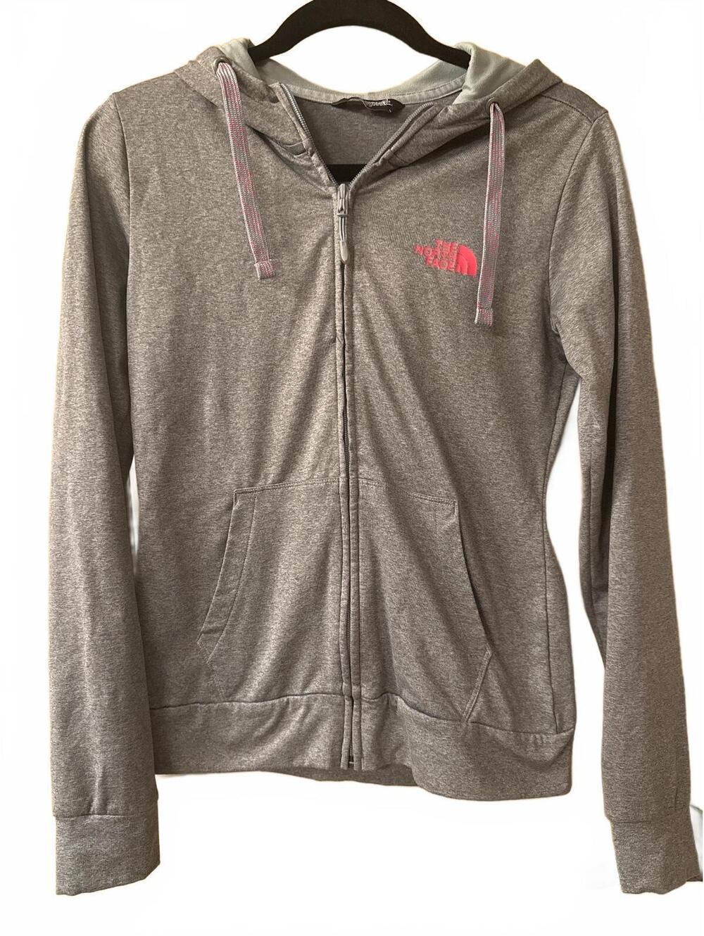 The North Face Women's Grey Full-Zip Hoodie with Pink Logo and Drawstrings